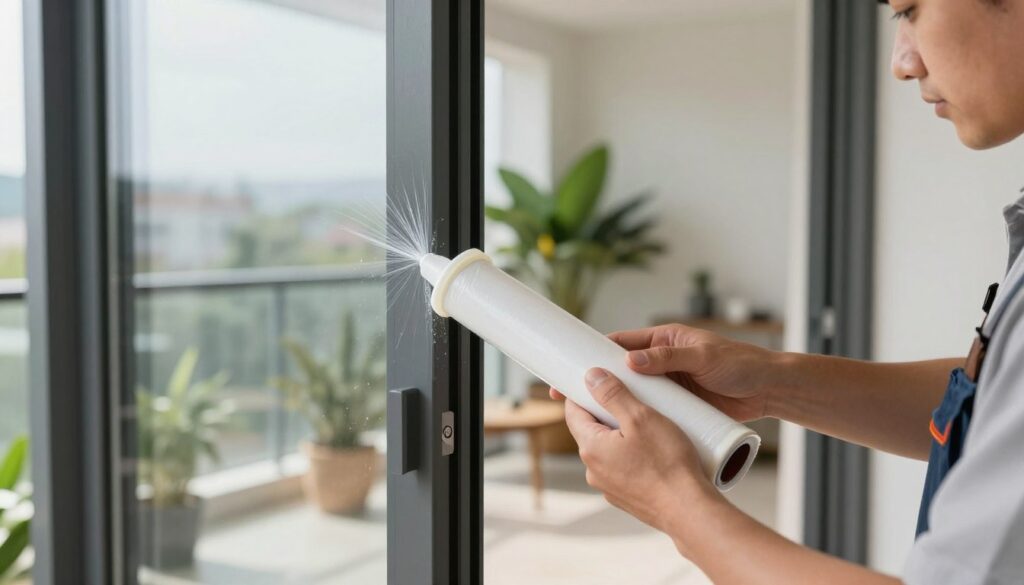 A close-up view of a sleek, modern balcony door being sealed with a high-quality liquid sealing membrane. In the foreground, a professional tradesperson in modest casual attire applies the liquid membrane, showcasing the technique with a focused expression. The middle ground features a half-open balcony door, revealing a subtle, bright natural light filtering through the glass, emphasizing the clarity and cleanliness of the process. In the background, a blur of a contemporary living space can be seen, adorned with potted plants and minimalistic decor, highlighting the inside of the home. The atmosphere is bright and efficient, underscoring the importance of proper sealing in preventing drafts. The image composition focuses on the action of sealing, with clear, vivid details of the liquid membrane's application.