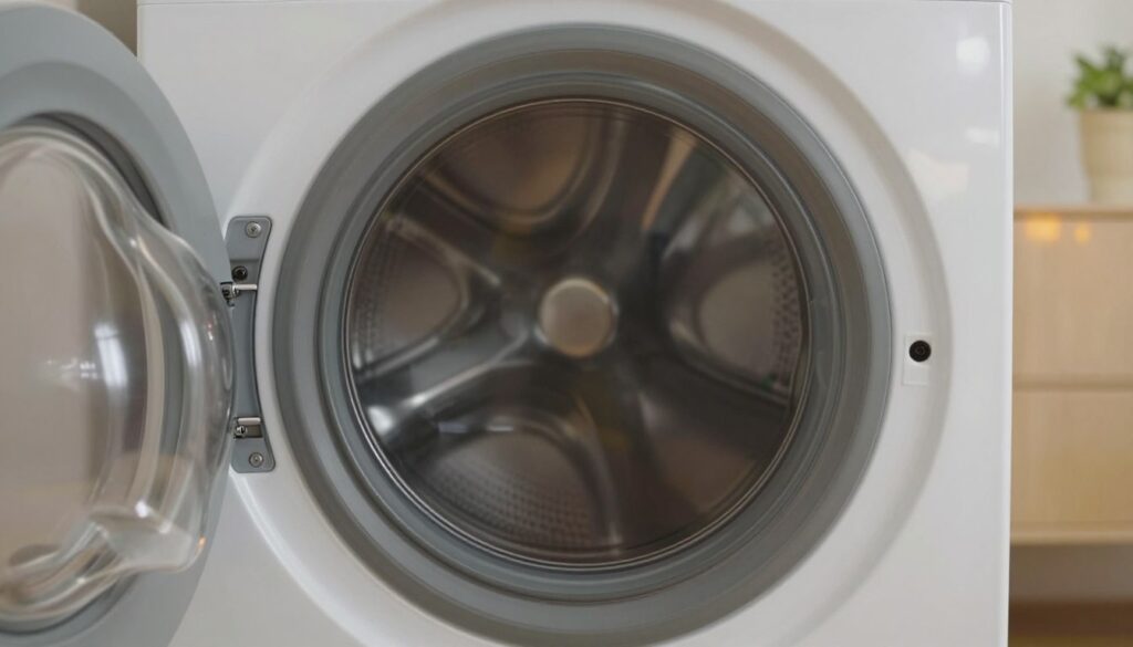 A close-up view of a washing machine door with a focus on its locking mechanism, intricately detailed to highlight its components. The foreground features the shiny, circular glass door reflecting light, revealing a clear view of the drum inside. The middle layer displays the washing machine's control panel subtly illuminated, casting a warm glow. The background is softly blurred to emphasize the door while hinting at a domestic laundry setting. The lighting is soft and even, mimicking a cozy home environment, with slight shadows enhancing the mechanical details. The overall mood evokes a sense of safety and professionalism, perfect for illustrating methods to open a locked washing machine door securely.