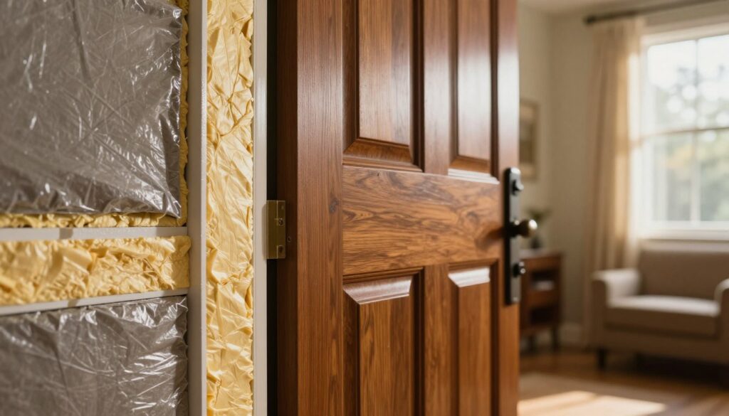 A close-up view of a well-insulated front door with various approved materials for thermal insulation. In the foreground, showcase intricately layered weather stripping and insulation panels, expertly applied to the door's edges. The middle section features the door itself, a classic design with a rich wood finish, reflecting a warm ambiance. In the background, a cozy entrance hall is illuminated by soft, natural light coming through a nearby window, casting gentle shadows and adding depth to the scene. The overall mood is inviting and warm, highlighting the importance of energy efficiency. Capture the essence of home comfort, focusing on the textures and details of the insulation materials.