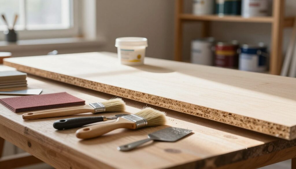 A close-up view of a workspace showing the preparation of furniture surfaces for painting. In the foreground, neatly organized tools like sandpaper, brushes, and a paint scraper are placed on a wooden table, with dust particles subtly illuminated by natural light streaming through a nearby window. The middle layer features a partially sanded particle board piece, revealing its texture and grain, alongside a container of primer, indicating the next step in the process. In the background, softly blurred shelves filled with paint cans and brushes create a workshop atmosphere. The overall mood is focused and professional, capturing the meticulous nature of surface preparation before painting. The lighting is warm and inviting, emphasizing the craftsmanship involved in furniture restoration. A close-up view of a workspace showing the preparation of furniture surfaces for painting. In the foreground, neatly organized tools like sandpaper, brushes, and a paint scraper are placed on a wooden table, with dust particles subtly illuminated by natural light streaming through a nearby window. The middle layer features a partially sanded particle board piece, revealing its texture and grain, alongside a container of primer, indicating the next step in the process. In the background, softly blurred shelves filled with paint cans and brushes create a workshop atmosphere. The overall mood is focused and professional, capturing the meticulous nature of surface preparation before painting. The lighting is warm and inviting, emphasizing the craftsmanship involved in furniture restoration.