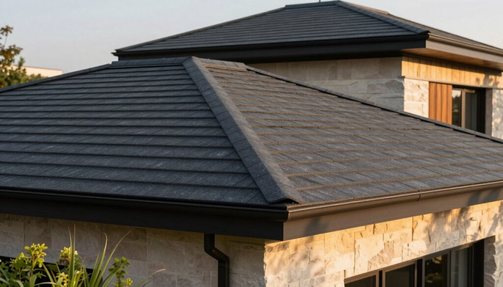 A close-up view of an anthracite-colored roof, showcasing the texture and details of the roofing material, with a sleek modern home façade featuring light-colored stone or wood elements in the background. The scene is set during late afternoon with warm, golden sunlight casting soft shadows, highlighting the roof's glossy finish. In the foreground, gentle greenery, such as low shrubs or grasses, adds contrast to the dark roof, emphasizing the modern aesthetic. The overall mood should evoke a sense of sophistication and contemporary design. The angle should be slightly elevated, capturing both the roof and its harmonious interaction with the house.