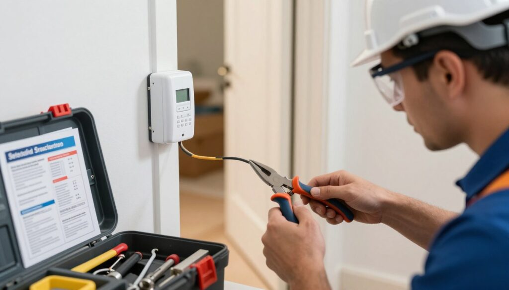 A close-up view of an electrical installation scene focused on safety practices for doorbell installation. In the foreground, a professional electrician, wearing a hard hat and safety goggles, meticulously connects wires with a pair of pliers, showcasing proper safety gear. The middle ground features a neatly organized toolbox with various hand tools, a doorbell unit, and instructional safety materials. The background displays a well-lit interior doorway, emphasizing a clear and uncluttered environment to signify safety. Soft, diffused lighting enhances the atmosphere, giving a sense of focus and professionalism. The image should convey a mood of careful attention to detail and commitment to safety in electrical work.