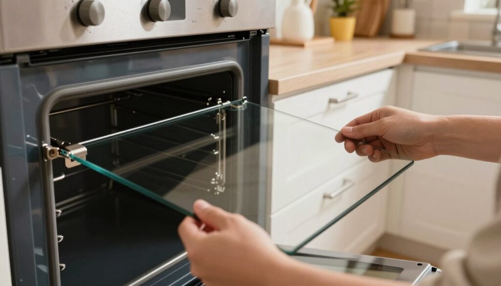 A close-up view of an oven door being reassembled, showcasing careful handling of its glass panels and hinges. In the foreground, hands in modest casual clothing are shown delicately positioning the tempered glass into the oven frame. The middle ground features the oven's sleek stainless steel surface, emphasizing a clean and organized workspace. The background reveals a softly lit kitchen, with warm lighting highlighting polished countertops and inviting kitchen decor. The atmosphere is calm and focused, conveying a sense of technical precision. The angle is slightly tilted from above, allowing for a comprehensive view of the hand movements and the oven components without any distractions or text. A close-up view of an oven door being reassembled, showcasing careful handling of its glass panels and hinges. In the foreground, hands in modest casual clothing are shown delicately positioning the tempered glass into the oven frame. The middle ground features the oven's sleek stainless steel surface, emphasizing a clean and organized workspace. The background reveals a softly lit kitchen, with warm lighting highlighting polished countertops and inviting kitchen decor. The atmosphere is calm and focused, conveying a sense of technical precision. The angle is slightly tilted from above, allowing for a comprehensive view of the hand movements and the oven components without any distractions or text.