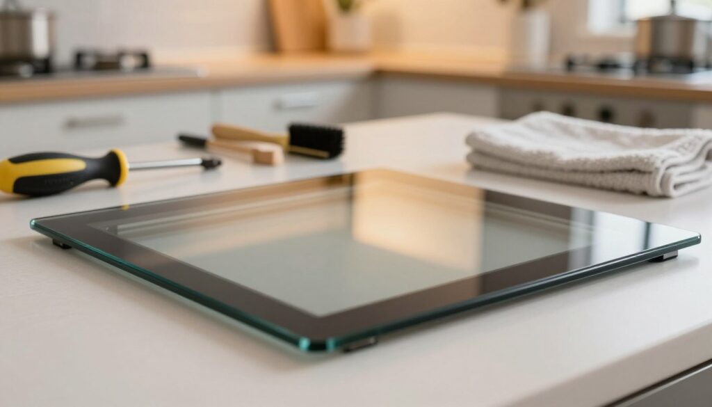 A close-up view of an oven door glass (szybę piekarnika) resting on a clean workbench. The foreground showcases the transparent, reflective surface of the glass, with subtle reflections capturing the surrounding workspace. In the middle ground, various essential tools neatly arranged include a screwdriver, small brushes, and a towel, hinting at a safe and organized workspace for maintenance. In the background, a well-lit kitchen environment with warm, soft lighting creates a cozy atmosphere, emphasizing cleanliness and safety. The focus is sharp on the glass, with a shallow depth of field blurring the tools slightly. The overall mood is one of preparation and professionalism, highlighting the importance of safety and readiness in the task at hand. A close-up view of an oven door glass (szybę piekarnika) resting on a clean workbench. The foreground showcases the transparent, reflective surface of the glass, with subtle reflections capturing the surrounding workspace. In the middle ground, various essential tools neatly arranged include a screwdriver, small brushes, and a towel, hinting at a safe and organized workspace for maintenance. In the background, a well-lit kitchen environment with warm, soft lighting creates a cozy atmosphere, emphasizing cleanliness and safety. The focus is sharp on the glass, with a shallow depth of field blurring the tools slightly. The overall mood is one of preparation and professionalism, highlighting the importance of safety and readiness in the task at hand.