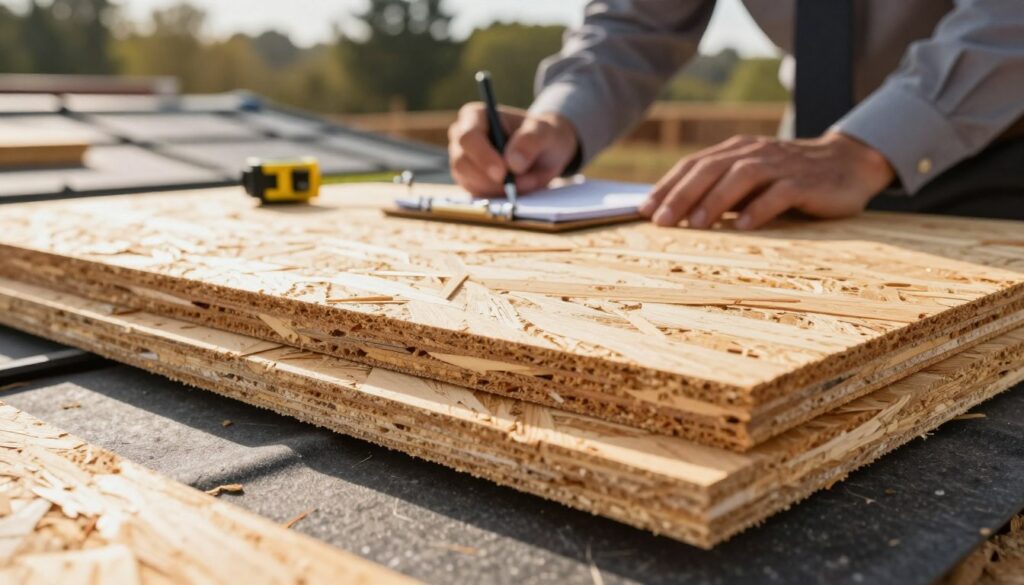 A close-up view of high-quality OSB (oriented strand board) sheets, showcasing their unique texture and structure with distinct wood fibers and a natural finish. The foreground features a few sheets laid stacked in a slightly tilted position, reflecting the light in a warm, inviting tone. In the middle ground, a hands-on demonstration by a professional in business attire is visible, highlighting the care taken in selecting the right OSB for roofing—tools like a measuring tape and a notepad are present, enhancing the scene's technical aspect. The background softly blurs, revealing a construction site with partially completed roofing, illuminated by natural sunlight streaming through the trees, suggesting a robust and professional atmosphere that emphasizes durability and reliability. A close-up view of high-quality OSB (oriented strand board) sheets, showcasing their unique texture and structure with distinct wood fibers and a natural finish. The foreground features a few sheets laid stacked in a slightly tilted position, reflecting the light in a warm, inviting tone. In the middle ground, a hands-on demonstration by a professional in business attire is visible, highlighting the care taken in selecting the right OSB for roofing—tools like a measuring tape and a notepad are present, enhancing the scene's technical aspect. The background softly blurs, revealing a construction site with partially completed roofing, illuminated by natural sunlight streaming through the trees, suggesting a robust and professional atmosphere that emphasizes durability and reliability.