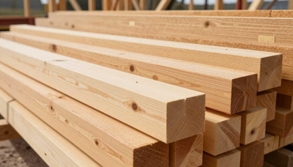 A close-up view of high-quality construction wood beams, showcasing their natural grain and texture, arranged neatly on a construction site. In the foreground, focus on a few pieces of lumber with visible knots and growth rings, emphasizing their durability and strength. The middle ground features a well-organized stack of various sizes of wooden beams, bathed in warm, natural sunlight to highlight the craftsmanship. In the background, a blurred outline of a partially constructed roof structure can be seen, creating a sense of context. The overall mood is professional and industrious, capturing the essence of quality building materials essential for roofing. The lighting is soft but distinct, enhancing the wood's natural colors. A close-up view of high-quality construction wood beams, showcasing their natural grain and texture, arranged neatly on a construction site. In the foreground, focus on a few pieces of lumber with visible knots and growth rings, emphasizing their durability and strength. The middle ground features a well-organized stack of various sizes of wooden beams, bathed in warm, natural sunlight to highlight the craftsmanship. In the background, a blurred outline of a partially constructed roof structure can be seen, creating a sense of context. The overall mood is professional and industrious, capturing the essence of quality building materials essential for roofing. The lighting is soft but distinct, enhancing the wood's natural colors.