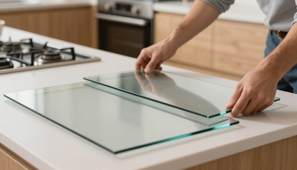 A close-up view of oven glass panels (szyby piekarnika) arranged neatly on a kitchen countertop. The foreground features two shiny, clean glass panels reflecting soft kitchen lighting, emphasizing their clarity. In the middle, a pair of professional hands in modest casual attire carefully position the panels for reinstallation, showcasing attention to safety and precision. The background includes a modern kitchen with light oak cabinets and an unobtrusive oven structure, subtly hinting at domestic warmth. The lighting is bright and natural, enhancing the cleanliness of the glass and creating a professional, focused atmosphere. The composition is captured at a slight angle to highlight both the technical aspect of the installation and the inviting environment. A close-up view of oven glass panels (szyby piekarnika) arranged neatly on a kitchen countertop. The foreground features two shiny, clean glass panels reflecting soft kitchen lighting, emphasizing their clarity. In the middle, a pair of professional hands in modest casual attire carefully position the panels for reinstallation, showcasing attention to safety and precision. The background includes a modern kitchen with light oak cabinets and an unobtrusive oven structure, subtly hinting at domestic warmth. The lighting is bright and natural, enhancing the cleanliness of the glass and creating a professional, focused atmosphere. The composition is captured at a slight angle to highlight both the technical aspect of the installation and the inviting environment.
