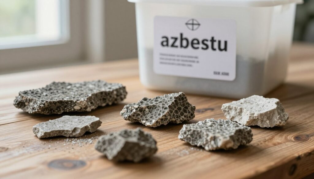 A close-up view of various pieces of "azbestu" material, showcasing its textured surface and distinctive patterns, arranged carefully on a rustic wooden table. In the background, a clean, modern container labeled for safe disposal, emphasizing the importance of proper handling. Soft, natural daylight filters in from a nearby window, casting gentle shadows and highlighting the materials’ details. The focus is sharp on the azbestu, while the container fades slightly into a blurred backdrop, creating a sense of depth. The atmosphere conveys a sense of responsibility and care, urging viewers to consider safety and legal compliance in asbestos disposal. A close-up view of various pieces of "azbestu" material, showcasing its textured surface and distinctive patterns, arranged carefully on a rustic wooden table. In the background, a clean, modern container labeled for safe disposal, emphasizing the importance of proper handling. Soft, natural daylight filters in from a nearby window, casting gentle shadows and highlighting the materials’ details. The focus is sharp on the azbestu, while the container fades slightly into a blurred backdrop, creating a sense of depth. The atmosphere conveys a sense of responsibility and care, urging viewers to consider safety and legal compliance in asbestos disposal.