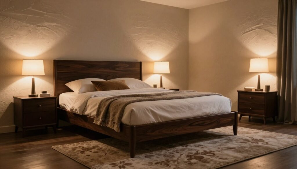 A cozy bedroom scene showcasing dark furniture like a sleek wooden bed and elegant nightstands, adorned with soft lighting to create a warm ambiance. The walls feature textured finishes, such as a subtle wave pattern or natural stone effect, enhancing the sense of depth and character. In the foreground, a plush area rug complements the dark tones of the furniture, while a delicate throw and decorative pillows add warmth. The background reveals soft, ambient lighting emanating from stylish lamps, casting gentle shadows that enrich the textures of the walls. The overall mood is inviting and harmonious, ideal for a restful retreat. Capture this intimate atmosphere using soft focus and a wide-angle lens to encapsulate the serenity of the space.