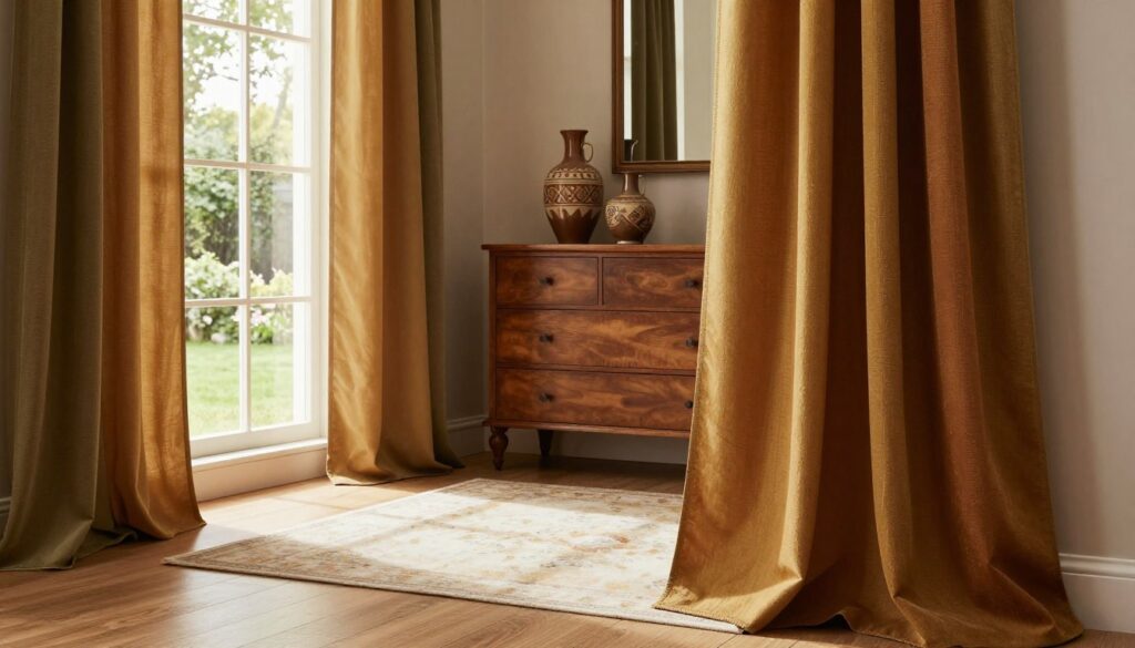 A cozy interior scene featuring elegant window treatments in earth tones, designed to harmonize with brown furniture. In the foreground, lush, textured curtains in warm shades of ochre, rust, and deep olive hang gracefully beside a large window, softly filtering natural light. The middle layer showcases a stylish wooden dresser adorned with decorative vases featuring earthy motifs, complemented by a plush area rug with understated patterns on a hardwood floor. The background reveals a serene view of a sunlit garden, enhancing the tranquility of the setting. The atmosphere is warm and inviting, evoking a sense of timeless elegance and natural beauty, captured with soft, diffused lighting to create a harmonious and peaceful mood. The image is framed from a slight angle to showcase the depth of the arrangement.
