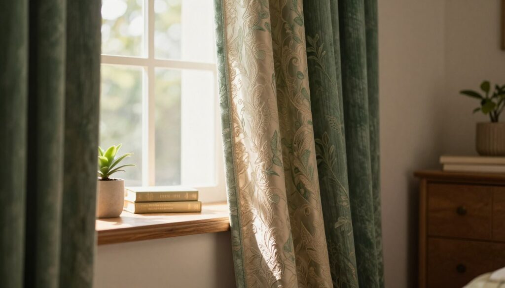 A cozy interior showcasing a beautifully decorated window adorned with elegant curtains, emphasizing rich textures and materials. The foreground features luxurious fabric drapes in shades of deep green and warm beige, their intricate patterns delicately illuminated by soft, natural sunlight streaming through the window. In the middle ground, a stylish wooden windowsill displays decorative elements like potted plants and small books, adding warmth to the scene. The background reveals a subtle blur of brown furniture, creating a harmonious juxtaposition to the curtains, enhancing the overall aesthetic. Capture a tranquil and inviting atmosphere, with a focus on the interplay of light and shadow on the fabric, using a soft-focus lens to evoke a serene and elegant mood.