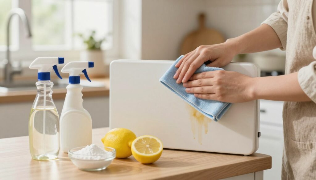 A cozy kitchen scene depicting various homemade cleaning methods for tackling everyday stains. In the foreground, a countertop is adorned with natural cleaning supplies such as vinegar, baking soda, lemon, and a spray bottle, all organized neatly. The middle section features a pair of hands in modest casual clothing, demonstrating the cleaning process on a matte kitchen cabinet with a microfiber cloth, showing a visible before-and-after effect. The background includes soft-focus elements like a well-lit kitchen with warm, natural light filtering through a window, enhancing the inviting atmosphere. The overall mood is clean, fresh, and efficient, capturing the essence of practical home care. A cozy kitchen scene depicting various homemade cleaning methods for tackling everyday stains. In the foreground, a countertop is adorned with natural cleaning supplies such as vinegar, baking soda, lemon, and a spray bottle, all organized neatly. The middle section features a pair of hands in modest casual clothing, demonstrating the cleaning process on a matte kitchen cabinet with a microfiber cloth, showing a visible before-and-after effect. The background includes soft-focus elements like a well-lit kitchen with warm, natural light filtering through a window, enhancing the inviting atmosphere. The overall mood is clean, fresh, and efficient, capturing the essence of practical home care.