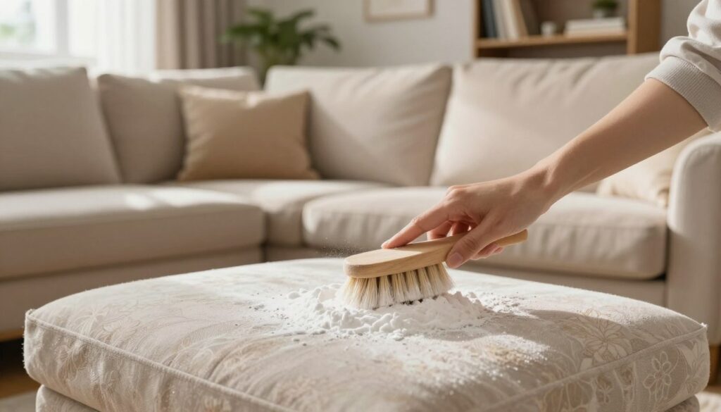 A cozy living room featuring a freshly cleaned sofa, showcasing the process of using baking soda for upholstery care. In the foreground, a sprinkle of baking soda lies on the cushion, with a gentle hand brushing it off, revealing a revitalized fabric surface. The middle ground displays the sofa, with warm and inviting colors, floral patterns or textures that highlight its cleanliness. Soft natural light streams in from a nearby window, casting a gentle glow, while the background includes potted plants and a bookshelf, creating a homely atmosphere. The overall mood exudes freshness and cleanliness, emphasizing home care and rejuvenation.