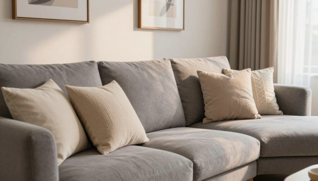 A cozy living room featuring a stylish gray sofa adorned with an arrangement of complementary decorative pillows. The foreground showcases soft, textured cushions in neutral tones like beige, cream, and light taupe, emphasizing a harmonious color palette. In the middle ground, the gray sofa is positioned against a softly lit wall, subtly decorated with minimalist art to enhance the tranquil atmosphere. The background reveals a warm, inviting interior, illuminated by natural light streaming through sheer curtains, casting gentle shadows. The overall mood is serene and elegant, perfectly embodying a modern yet comfortable home environment. Use a wide-angle lens to capture the entire scene, maintaining a warm, inviting tone with slightly diffused lighting to enhance the peaceful ambiance. A cozy living room featuring a stylish gray sofa adorned with an arrangement of complementary decorative pillows. The foreground showcases soft, textured cushions in neutral tones like beige, cream, and light taupe, emphasizing a harmonious color palette. In the middle ground, the gray sofa is positioned against a softly lit wall, subtly decorated with minimalist art to enhance the tranquil atmosphere. The background reveals a warm, inviting interior, illuminated by natural light streaming through sheer curtains, casting gentle shadows. The overall mood is serene and elegant, perfectly embodying a modern yet comfortable home environment. Use a wide-angle lens to capture the entire scene, maintaining a warm, inviting tone with slightly diffused lighting to enhance the peaceful ambiance.