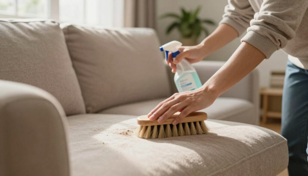 A cozy living room featuring a well-maintained sofa being cleaned, with a person in modest casual clothing performing regular upkeep. In the foreground, a close-up of a soft, textured fabric being gently scrubbed with a brush, highlighting the process of removing dirt and odors. The middle ground shows the person getting focused on the task, using an eco-friendly cleaning solution, with a soft sheen of afternoon light illuminating the area through a nearby window. The background reflects a warm, inviting atmosphere with tasteful decor and a hint of greenery from potted plants. The overall mood is calm and refreshing, emphasizing the importance of regular furniture maintenance for a clean and comfortable home.