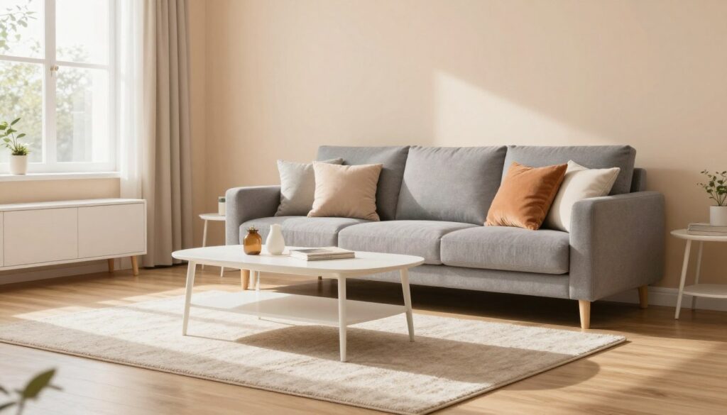 A cozy living room featuring warm wall colors that complement white furniture and a gray sofa. In the foreground, a plush area rug lies on a light wooden floor. The middle ground includes a stylish gray sofa adorned with soft, colorful cushions and a sleek coffee table with a few decorative items. The background showcases walls painted in soothing beige or pastel tones, creating a welcoming atmosphere. Soft, natural light streams in through large windows, casting gentle shadows that add depth. The image should evoke a sense of comfort and warmth, ideal for a space designed for relaxation and gatherings. Focus on an inviting, serene ambiance that highlights the harmonious color combination.