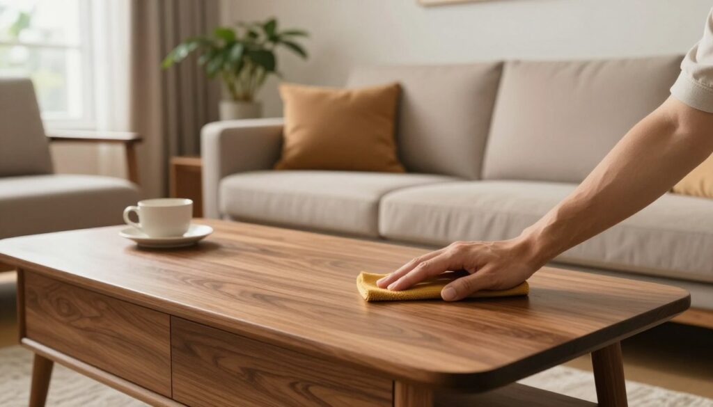 A cozy living room scene focusing on caring for furniture. In the foreground, a pair of hands gently polishing a sleek wooden coffee table, showcasing its rich grain and shine. The middle layer features a comfortable, stylish sofa adorned with plush cushions in earthy tones, complemented by a minimalist decor. In the background, large windows allow warm, natural light to flood the space, illuminating potted plants that enhance the room's inviting atmosphere. The overall mood is calm and organized, reflecting a harmonious blend of functionality and aesthetic appeal. Capture this scene at a slight angle, emphasizing both the meticulous care of furniture and the overall serenity of a well-styled living area.