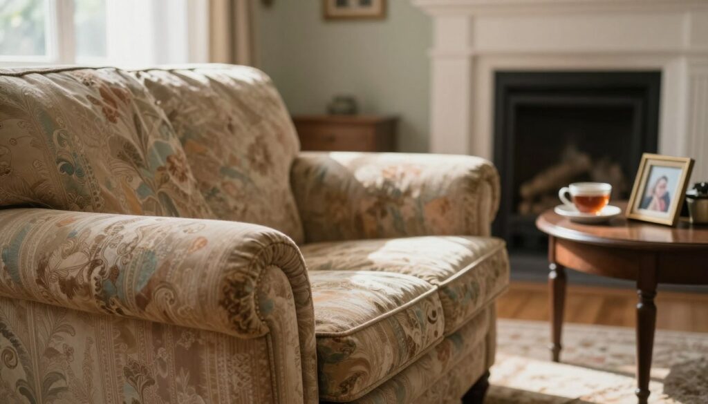 A cozy living room scene that exudes warmth and nostalgia, featuring a well-worn, richly upholstered sofa that showcases its sentimental value. The foreground includes a close-up of the sofa with its intricate fabric pattern and slight wear visible, symbolizing years of cherished memories. In the middle, soft natural light from a nearby window casts gentle shadows, illuminating a small side table with a cup of tea and a cherished photo frame, further enhancing the emotional atmosphere. The background features a softly blurred fireplace, creating a homely and inviting ambiance. The composition uses a shallow depth of field to draw attention to the sofa while maintaining an overall serene and reflective mood. The color palette consists of warm pastel tones to evoke feelings of comfort and nostalgia.