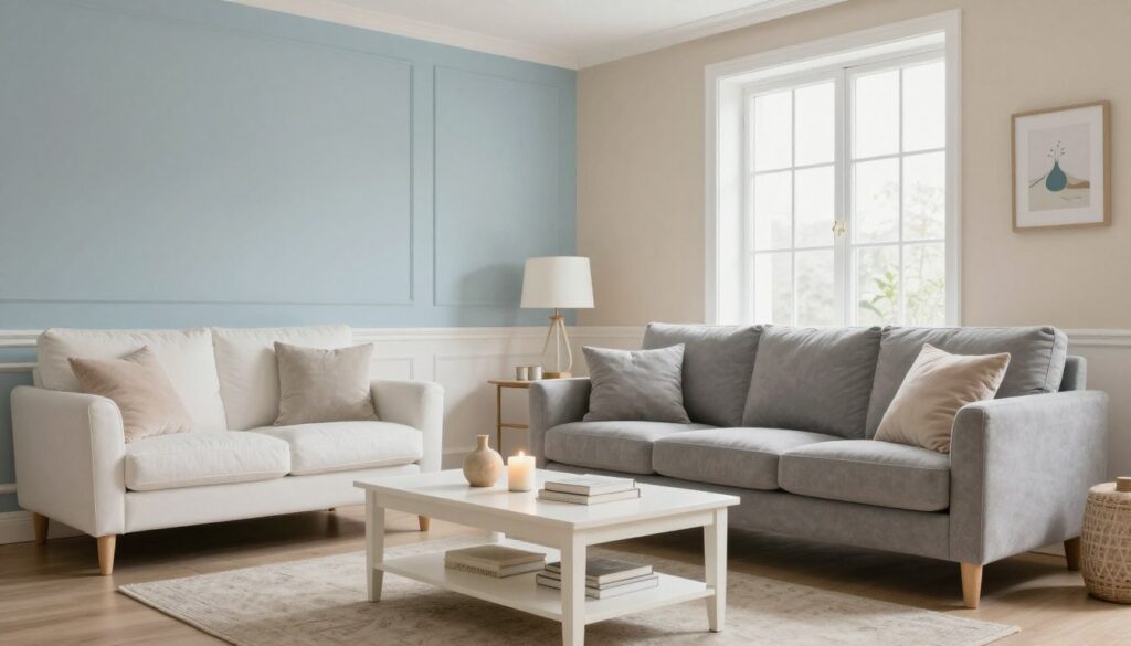 A cozy living room with white furniture and a gray sofa, emphasizing the harmony of wall colors. In the foreground, a well-styled coffee table with decorative items like candles and books. The middle ground features elegantly painted walls in soft pastel shades like light blue or beige that complement the furniture. In the background, a large window allowing natural light to pour in, creating a warm atmosphere. Soft, diffused lighting emphasizes the soothing colors. Choose a wide-angle perspective to capture the entire space, showcasing a balanced and inviting ambiance. The mood should feel relaxed and welcoming, perfect for an inviting home environment.