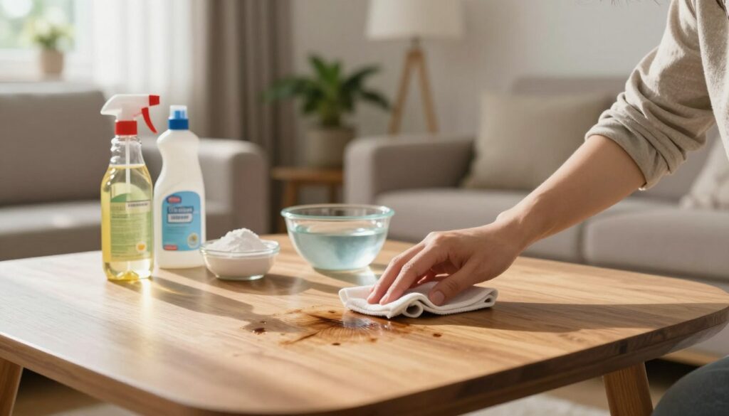 A cozy, well-lit living room scene where a person in modest casual clothing is gently applying a home remedy to remove hair dye stains from a wooden table. The foreground features a close-up of the person's focused hands using a damp cloth, with visible stains from hair dye on the surface. In the middle, there are household cleaning supplies like vinegar, baking soda, and a bowl of water neatly arranged on the table. The background shows a softly lit window with curtains, plants, and a warm ambiance, creating a welcoming atmosphere. The image should capture the process of cleaning in action, emphasizing safety and practical solutions for hair dye removal, with natural lighting from the window casting soft shadows in the room. A cozy, well-lit living room scene where a person in modest casual clothing is gently applying a home remedy to remove hair dye stains from a wooden table. The foreground features a close-up of the person's focused hands using a damp cloth, with visible stains from hair dye on the surface. In the middle, there are household cleaning supplies like vinegar, baking soda, and a bowl of water neatly arranged on the table. The background shows a softly lit window with curtains, plants, and a warm ambiance, creating a welcoming atmosphere. The image should capture the process of cleaning in action, emphasizing safety and practical solutions for hair dye removal, with natural lighting from the window casting soft shadows in the room.
