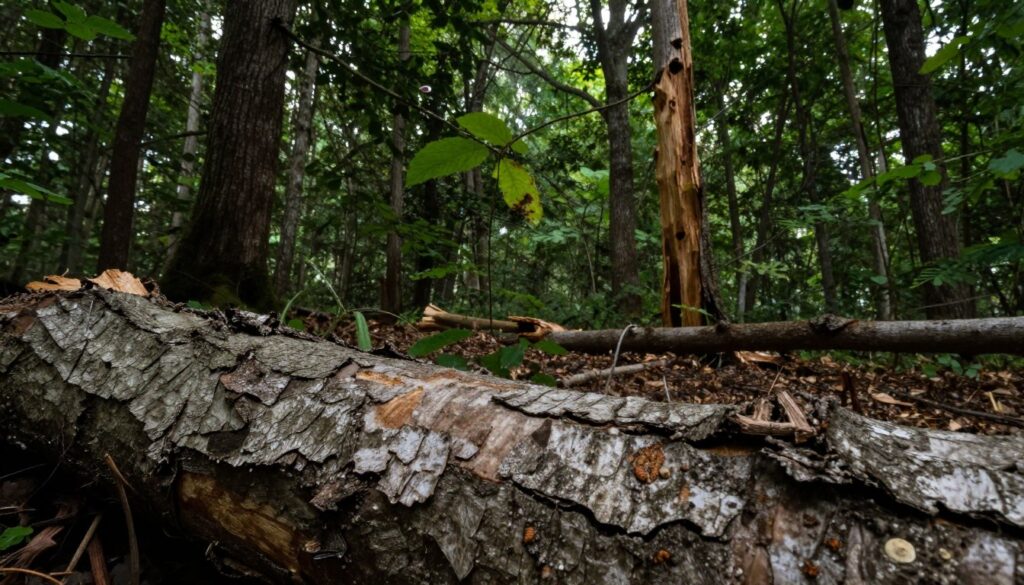 A dense forest scene focused on the risks associated with using natural bark for gardening. In the foreground, a close-up view of various bark textures with visible insect trails and fungal growth, suggesting biological threats. The middle layer features a partially shaded forest with muted light filtering through leaves, hinting at an ecosystem rich in biodiversity yet posing hidden dangers. In the background, silhouettes of old trees stand tall, some with noticeable signs of decay, emphasizing the complexities of harvesting forest materials. The atmosphere feels tense yet natural, symbolizing the balance between beauty and risk in this environment. Shot with soft natural lighting at a slight downward angle to create a sense of depth and intrigue. A dense forest scene focused on the risks associated with using natural bark for gardening. In the foreground, a close-up view of various bark textures with visible insect trails and fungal growth, suggesting biological threats. The middle layer features a partially shaded forest with muted light filtering through leaves, hinting at an ecosystem rich in biodiversity yet posing hidden dangers. In the background, silhouettes of old trees stand tall, some with noticeable signs of decay, emphasizing the complexities of harvesting forest materials. The atmosphere feels tense yet natural, symbolizing the balance between beauty and risk in this environment. Shot with soft natural lighting at a slight downward angle to create a sense of depth and intrigue.