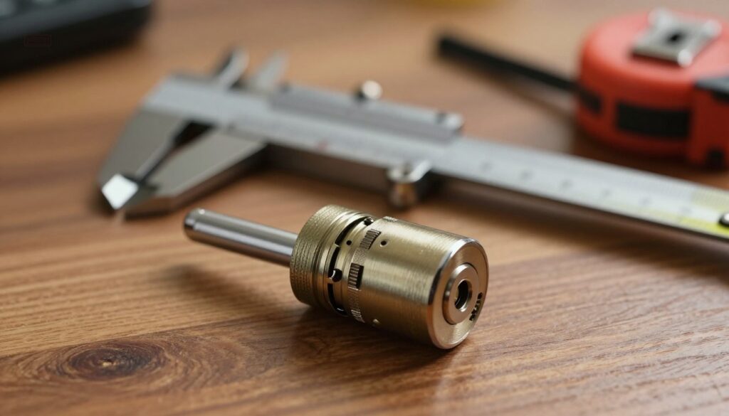 A detailed and close-up view of a cylinder lock (wkładka bębenkowa) displayed on a smooth wooden surface. The foreground features the lock's intricate metallic details, showcasing its pins and internal mechanisms, with a soft reflection of light highlighting its polished surface. In the middle ground, tools for measurement, such as a caliper and a tape measure, are neatly arranged beside the lock, suggesting precision and care in measurement. The background is softly blurred to keep the focus on the cylinder lock and tools, with warm, ambient lighting creating a professional and inviting atmosphere. The image should evoke a sense of craftsmanship and accuracy, ideal for illustrating a technical section on door lock measurements. A detailed and close-up view of a cylinder lock (wkładka bębenkowa) displayed on a smooth wooden surface. The foreground features the lock's intricate metallic details, showcasing its pins and internal mechanisms, with a soft reflection of light highlighting its polished surface. In the middle ground, tools for measurement, such as a caliper and a tape measure, are neatly arranged beside the lock, suggesting precision and care in measurement. The background is softly blurred to keep the focus on the cylinder lock and tools, with warm, ambient lighting creating a professional and inviting atmosphere. The image should evoke a sense of craftsmanship and accuracy, ideal for illustrating a technical section on door lock measurements.
