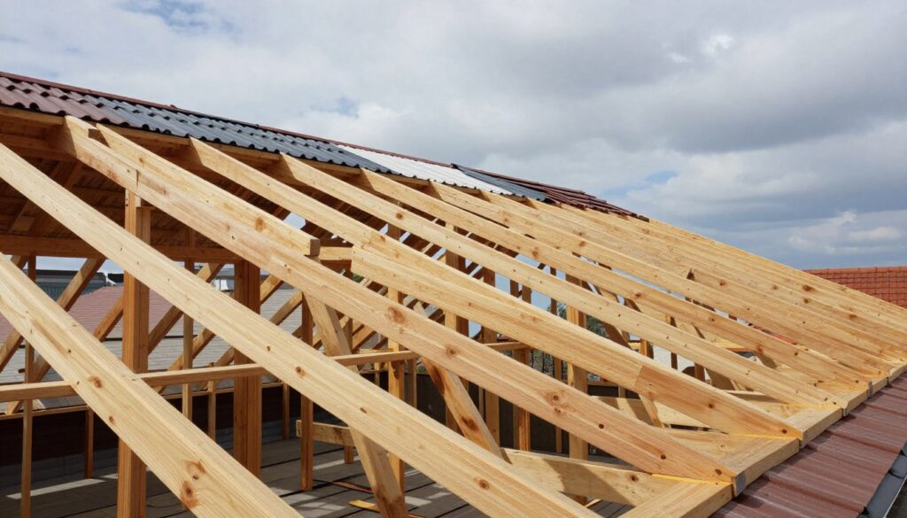 A detailed architectural illustration of a roof truss system for a pitched roof, showcasing the span of rafters (krokwi) specifically designed for varying roofing materials. In the foreground, display several wooden rafters in a well-structured manner, emphasizing their spacing and connections. The middle ground should include a section view of the roof, with different types of roofing materials—like tiles and metal sheets—highlighted on top of the rafters. The background can feature a partially cloudy sky to suggest natural lighting, casting gentle shadows on the rafters, creating depth. The atmosphere should be technical yet approachable, conveying a sense of professionalism and craftsmanship in roof construction. Use a wide-angle lens for an expansive view. A detailed architectural illustration of a roof truss system for a pitched roof, showcasing the span of rafters (krokwi) specifically designed for varying roofing materials. In the foreground, display several wooden rafters in a well-structured manner, emphasizing their spacing and connections. The middle ground should include a section view of the roof, with different types of roofing materials—like tiles and metal sheets—highlighted on top of the rafters. The background can feature a partially cloudy sky to suggest natural lighting, casting gentle shadows on the rafters, creating depth. The atmosphere should be technical yet approachable, conveying a sense of professionalism and craftsmanship in roof construction. Use a wide-angle lens for an expansive view.