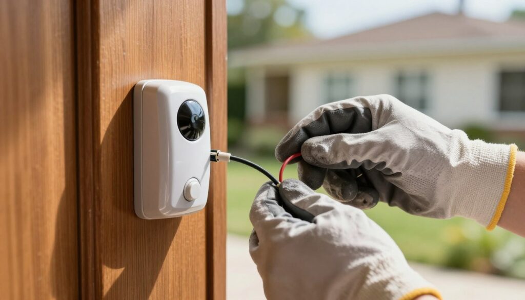 A detailed close-up image of a wired doorbell installation on a wooden door. The foreground features a traditional bell push button, sleek and shiny, next to a small section of exposed wiring, showcasing the connections needed for installation. In the middle ground, depict a pair of hands, wearing professional gloves, carefully connecting the wires to the doorbell, emphasizing a sense of careful craftsmanship. The background could include a softly blurred view of a residential exterior, with a sunny day and greenery, adding warmth to the scene. The lighting is bright and natural, creating a welcoming atmosphere that highlights the technical aspects of the installation. Focus on clarity and detail, ensuring the image is devoid of any distractions or text.