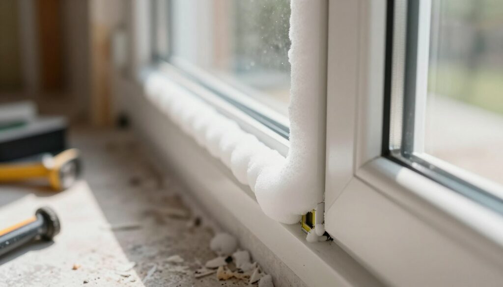 A detailed close-up of an application of window foam sealant in a construction setting, focusing on a well-defined bead of white foam expanding in the gap between a window frame and the wall. The foreground features the foam in sharp detail, highlighting its texture and consistency. In the background, a softly blurred construction environment shows tools and materials associated with window installation, creating a sense of immediacy and professionalism. Natural light streams in from the side, illuminating the foam and casting gentle shadows that enhance the three-dimensional quality of the scene. The mood is focused and methodical, conveying the importance of quick action in preventing messes and emphasizing clarity in home improvement tasks. A detailed close-up of an application of window foam sealant in a construction setting, focusing on a well-defined bead of white foam expanding in the gap between a window frame and the wall. The foreground features the foam in sharp detail, highlighting its texture and consistency. In the background, a softly blurred construction environment shows tools and materials associated with window installation, creating a sense of immediacy and professionalism. Natural light streams in from the side, illuminating the foam and casting gentle shadows that enhance the three-dimensional quality of the scene. The mood is focused and methodical, conveying the importance of quick action in preventing messes and emphasizing clarity in home improvement tasks.