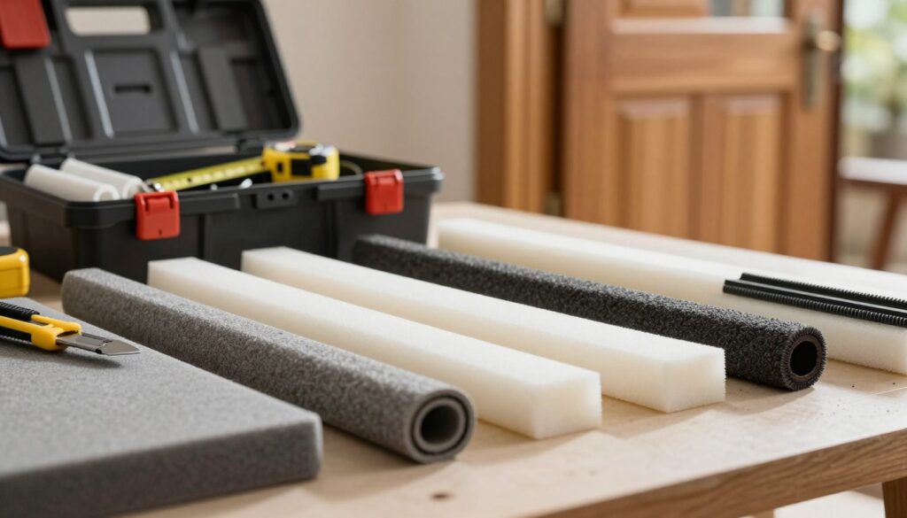 A detailed close-up of foam seals for door insulation, showcasing various profiles and textures, arranged on a workbench. The foreground features a variety of foam gaskets, with one being cut with a utility knife, revealing a fresh edge. In the middle, an open toolbox with sealing tools and measuring tape, suggesting a DIY project atmosphere. In the background, a partially open wooden door with visible gaps, highlighting the need for insulation. The scene is brightly lit with natural daylight streaming in, creating a warm and inviting atmosphere. The image captures the essence of home improvement, showcasing the importance of effective sealing techniques for door insulation.