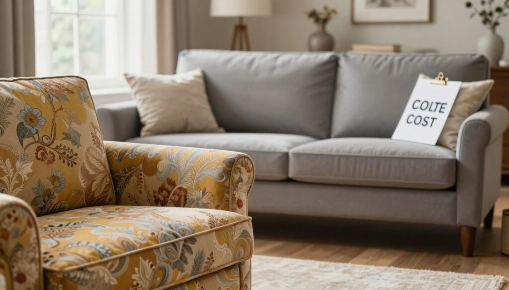A detailed comparison of the costs of reupholstering a sofa versus purchasing a new one, depicted visually in a split scene. Foreground: a beautifully reupholstered sofa with vibrant fabric and elegant patterns, showcasing its quality and craftsmanship. Middle ground: a sleek, modern new sofa with a price tag prominently displayed, indicating its cost. Background: a warm, well-lit room with soft natural light filtering through a window, enhancing the inviting atmosphere. The composition features a subtle but effective juxtaposition of the two options, capturing the essence of decision-making in furniture investments. The scene should evoke a sense of contemplation, illustrating practicality and elegance without any text or distractions.