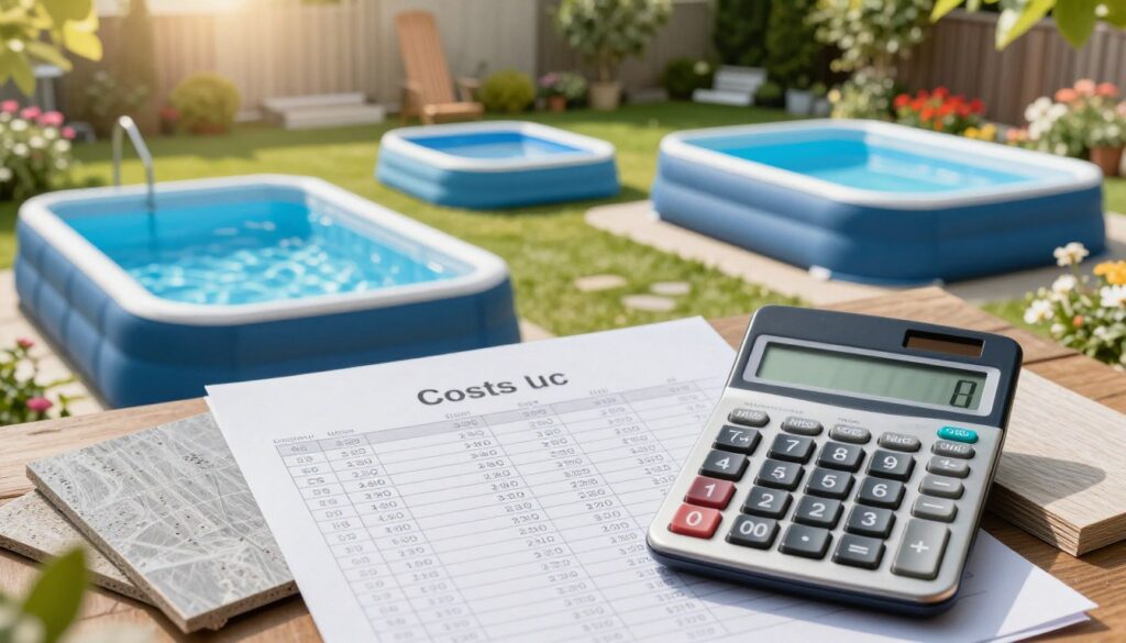 A detailed composition showcasing the costs associated with pool installation. In the foreground, a calculator and a price breakdown sheet with numbers clearly visible, along with different samples of pool materials like liner or frame. In the middle ground, a variety of pools: a frame pool, a blow-up pool, and an in-ground pool, each labeled subtly with indicative price tags. The background features a sunny garden setting with a manicured lawn and blooming flowers, creating a vibrant and inviting atmosphere. Soft sunlight filters through, casting warm shadows, evoking a feeling of summer leisure. Capture the scene from a slightly elevated angle, using a lens that provides a comprehensive view but retains focus on the foreground elements. The mood should be informative yet approachable, reflecting a professional analysis of pool costs. A detailed composition showcasing the costs associated with pool installation. In the foreground, a calculator and a price breakdown sheet with numbers clearly visible, along with different samples of pool materials like liner or frame. In the middle ground, a variety of pools: a frame pool, a blow-up pool, and an in-ground pool, each labeled subtly with indicative price tags. The background features a sunny garden setting with a manicured lawn and blooming flowers, creating a vibrant and inviting atmosphere. Soft sunlight filters through, casting warm shadows, evoking a feeling of summer leisure. Capture the scene from a slightly elevated angle, using a lens that provides a comprehensive view but retains focus on the foreground elements. The mood should be informative yet approachable, reflecting a professional analysis of pool costs.