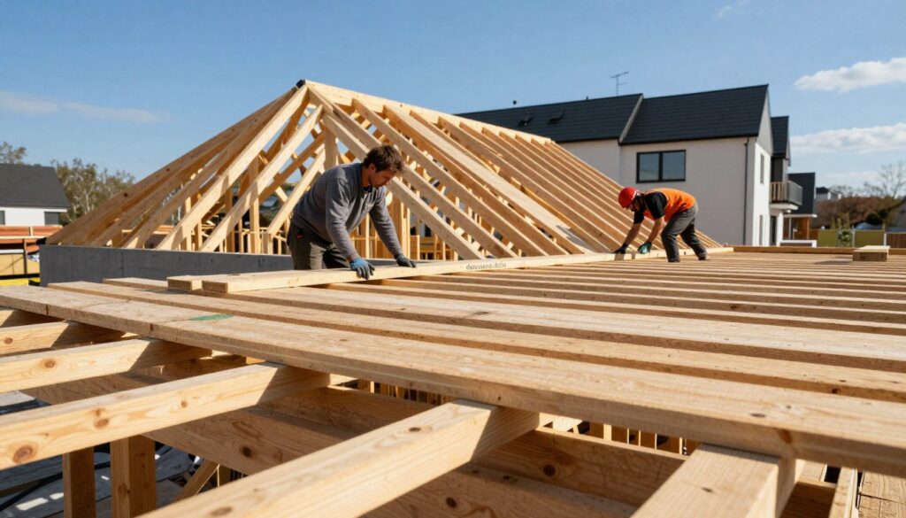 A detailed construction scene showcasing the process of "deskowanie dachu," or roof decking, in modern building architecture. In the foreground, skilled workers in professional attire are carefully laying wooden planks across the frame of a roof, demonstrating precision and teamwork. The middle ground reveals the partially completed roof structure supported by wooden beams, highlighting the contrasts between the sharp lines of new construction and the rustic texture of the timber. The background features a modern residential building under a clear blue sky, with sunlight casting natural shadows, creating depth and warmth. The atmosphere is focused and industrious, emphasizing the importance of structural integrity in roofing for aesthetic purposes. The image should be in sharp focus with a slight depth of field effect, capturing the details of the wood grain and the workers’ movements. A detailed construction scene showcasing the process of "deskowanie dachu," or roof decking, in modern building architecture. In the foreground, skilled workers in professional attire are carefully laying wooden planks across the frame of a roof, demonstrating precision and teamwork. The middle ground reveals the partially completed roof structure supported by wooden beams, highlighting the contrasts between the sharp lines of new construction and the rustic texture of the timber. The background features a modern residential building under a clear blue sky, with sunlight casting natural shadows, creating depth and warmth. The atmosphere is focused and industrious, emphasizing the importance of structural integrity in roofing for aesthetic purposes. The image should be in sharp focus with a slight depth of field effect, capturing the details of the wood grain and the workers’ movements.