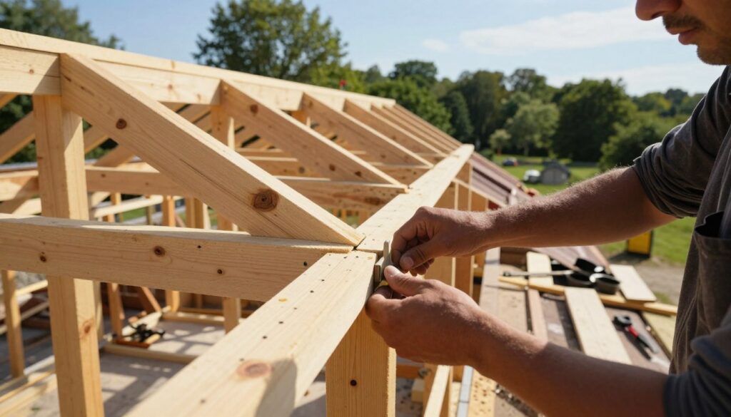 A detailed construction scene showcasing the techniques of connecting roof rafters (krokwi) with other structural elements in a gable roof design. In the foreground, focus on a tightly framed view of skilled carpenters meticulously joining wooden rafters, using traditional joint techniques such as mortise and tenon. The middle ground should depict a partially constructed roof structure, with rafters visibly angled and secured, and tools spread around. The background reveals a serene construction site with lush trees, under a clear blue sky. Warm, natural lighting emphasizes the textures of the wood and the craftsmanship. Capture the mood of focused industry and precision in a professional context, while avoiding any clutter or irrelevant objects. A detailed construction scene showcasing the techniques of connecting roof rafters (krokwi) with other structural elements in a gable roof design. In the foreground, focus on a tightly framed view of skilled carpenters meticulously joining wooden rafters, using traditional joint techniques such as mortise and tenon. The middle ground should depict a partially constructed roof structure, with rafters visibly angled and secured, and tools spread around. The background reveals a serene construction site with lush trees, under a clear blue sky. Warm, natural lighting emphasizes the textures of the wood and the craftsmanship. Capture the mood of focused industry and precision in a professional context, while avoiding any clutter or irrelevant objects.