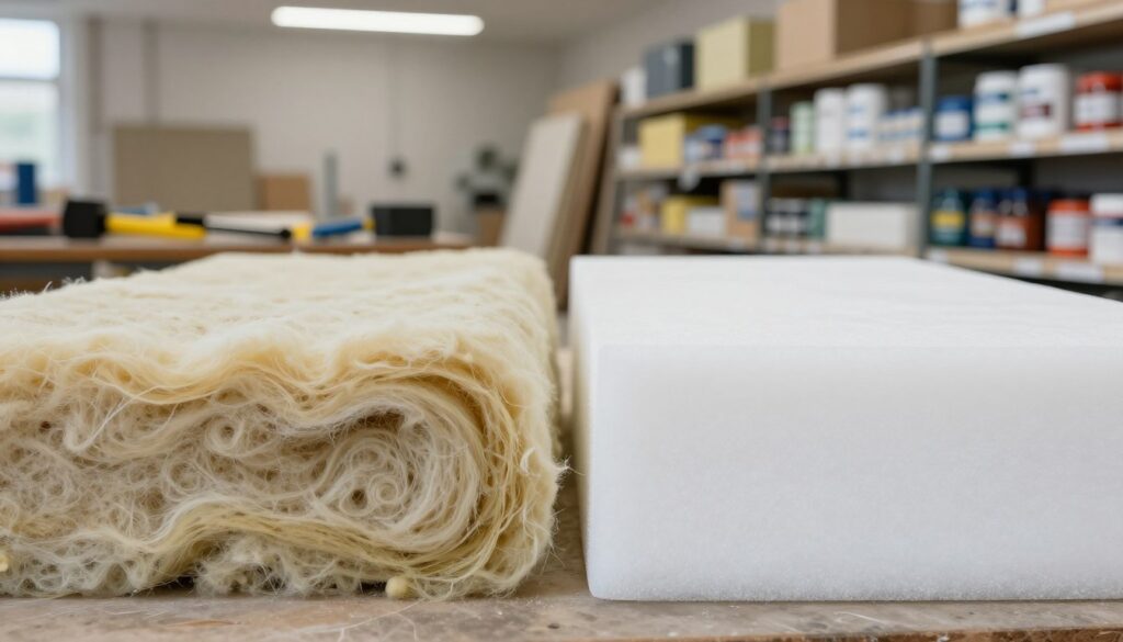 A detailed, educational comparison of mineral wool and PUR foam insulation materials. In the foreground, focus on a cross-sectional view of both materials side by side: soft, fibrous mineral wool on the left, showcasing its texture and layered appearance, and smooth, rigid PUR foam on the right, highlighting its sleek surface and density. In the middle ground, include a construction environment with tools and insulation boards, subtly blurred to emphasize the foreground. The background should feature a well-lit workshop with shelves stocked with various insulation products. Use natural lighting from overhead fluorescent lights to create a neutral and informative atmosphere, capturing the technical nature of insulation materials.