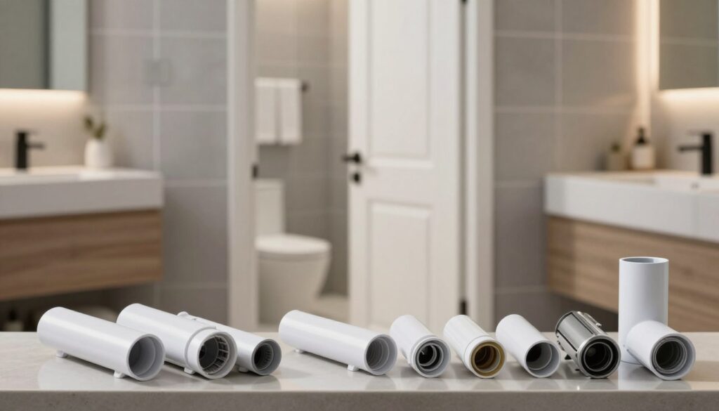 A detailed illustration focused on the selection of ventilation sleeves for bathroom doors, showcasing a modern bathroom setting. In the foreground, an array of different ventilation sleeves and mechanisms is displayed on a sleek countertop, emphasizing their diverse sizes and designs. The middle ground features a stylish bathroom door partially open, allowing a glimpse of the serene bathroom interior, with soft gray tiles and a tasteful vanity. In the background, soft, warm lighting bathes the scene, creating a tranquil and inviting atmosphere. The composition captures a professional, informative vibe, with a shallow depth of field focusing on the sleeves while the bathroom interior remains softly blurred. The image should evoke clarity, professionalism, and the practicality of air flow management in bathroom design. A detailed illustration focused on the selection of ventilation sleeves for bathroom doors, showcasing a modern bathroom setting. In the foreground, an array of different ventilation sleeves and mechanisms is displayed on a sleek countertop, emphasizing their diverse sizes and designs. The middle ground features a stylish bathroom door partially open, allowing a glimpse of the serene bathroom interior, with soft gray tiles and a tasteful vanity. In the background, soft, warm lighting bathes the scene, creating a tranquil and inviting atmosphere. The composition captures a professional, informative vibe, with a shallow depth of field focusing on the sleeves while the bathroom interior remains softly blurred. The image should evoke clarity, professionalism, and the practicality of air flow management in bathroom design.