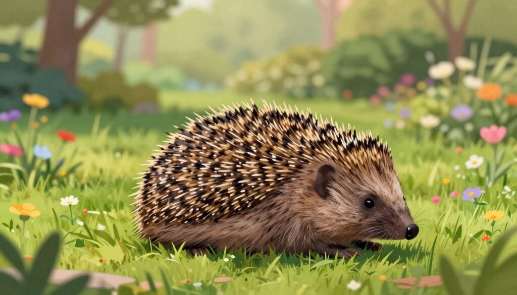 A detailed illustration of a European hedgehog (Erinaceus europaeus) in a natural garden setting. In the foreground, depict the hedgehog curled up, showcasing its distinctive spiny coat with a variety of shades from brown to tan. In the middle ground, include lush green grass dotted with colorful wildflowers, enhancing the natural habitat feel. The background should feature soft-focus trees and shrubs, suggesting a tranquil garden environment. Use warm, soft lighting to create a peaceful and inviting atmosphere, invoking a sense of serenity. A shallow depth of field can be applied to emphasize the hedgehog while lightly blurring the background elements, capturing the essence of this unique species amidst its habitat.