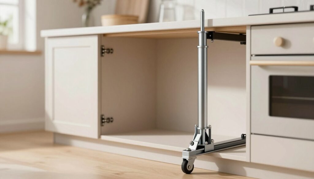 A detailed illustration of a gas lift mechanism designed for furniture, prominently displayed in the foreground. The gas lift shows intricate engineering details, such as the piston and cylinder, with a focus on its robust construction and adjustable height features. In the middle ground, a pair of modern kitchen cabinets showcases the gas lift's application, emphasizing its strength and ability to support weight. The background features a soft-focus interior of a well-lit kitchen, enhancing the practical usage context. Soft, natural lighting highlights the metallic finish of the gas lift, creating a professional and informative atmosphere. Capture the image from a slightly elevated angle to give a clear view of the mechanism in action, while maintaining a clean and uncluttered composition. A detailed illustration of a gas lift mechanism designed for furniture, prominently displayed in the foreground. The gas lift shows intricate engineering details, such as the piston and cylinder, with a focus on its robust construction and adjustable height features. In the middle ground, a pair of modern kitchen cabinets showcases the gas lift's application, emphasizing its strength and ability to support weight. The background features a soft-focus interior of a well-lit kitchen, enhancing the practical usage context. Soft, natural lighting highlights the metallic finish of the gas lift, creating a professional and informative atmosphere. Capture the image from a slightly elevated angle to give a clear view of the mechanism in action, while maintaining a clean and uncluttered composition.