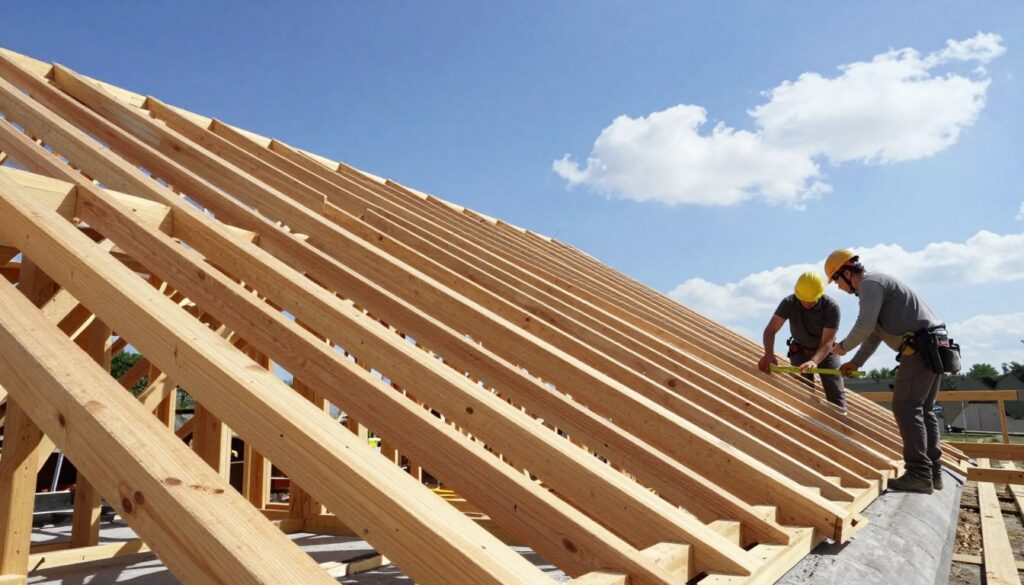 A detailed illustration of the angle of roof battens, showcasing a sloped roof structure in a construction setting. In the foreground, a close-up of wooden battens arranged at a precise angle, demonstrating their alignment against the roof. The middle ground features a partially constructed roof frame with visible rafters, all under bright, natural daylight emphasizing the textures of the wood. In the background, a clear blue sky transitions into a few fluffy white clouds, enhancing the atmosphere of a sunny day. The overall mood should convey a sense of meticulous craftsmanship and architectural precision, with professional builders in modest casual clothing measuring and discussing the setup, highlighting the practical considerations of batten spacing and roof incline.