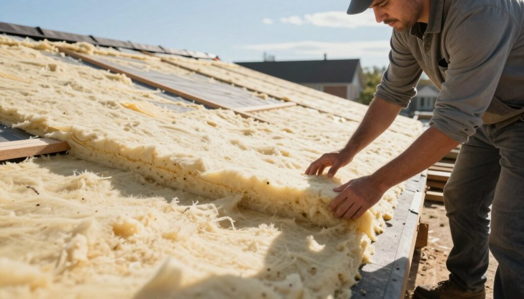A detailed illustration of thermal bridging in insulation work on a roof. In the foreground, showcase a close-up of an insulated roof section, highlighting the proper layering of materials like mineral wool and PU foam, with emphasis on avoiding gaps. Include a construction professional in modest casual clothing examining the insulation, with a focus on their critical analysis of the applied materials. In the middle ground, depict a partially completed roof with visible insulation layers, using natural sunlight casting soft shadows to create a warm atmosphere. In the background, show a bright blue sky and rooftops of a suburban environment, emphasizing the importance of proper insulation to prevent thermal loss. The overall mood should be informative and professional, showcasing best practices in thermal insulation.