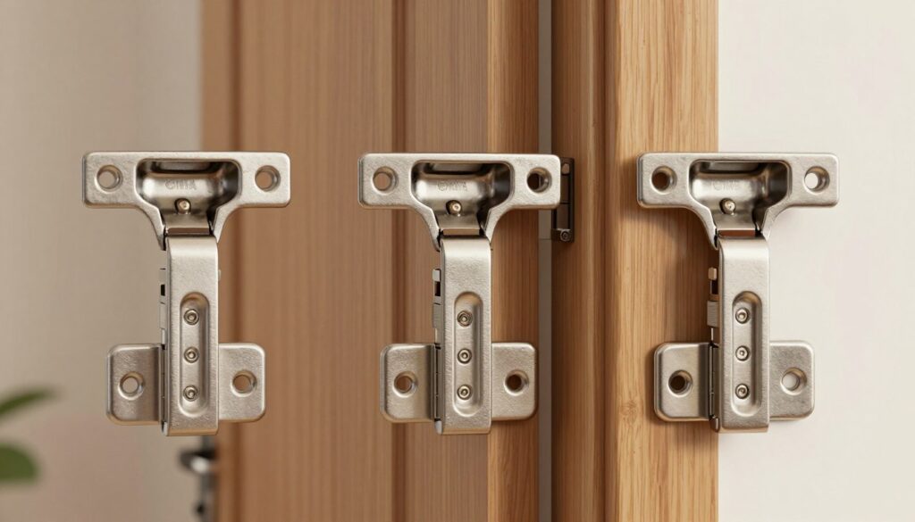 A detailed illustration of various types of door hinges displayed in an organized manner. In the foreground, showcase three distinct styles of hinges: a traditional butt hinge, a decorative pivot hinge, and a modern concealed hinge, each with a close-up view emphasizing their unique features and materials. In the middle ground, provide a slightly blurred backdrop of a wooden door partially opened, highlighting where the hinges are mounted. The background should consist of soft, neutral tones to create a professional atmosphere. Use warm, natural lighting to enhance the textures and metallic finishes of the hinges. Capture the scene from a slight angle to provide depth, ensuring clarity and focus on the hinges themselves while maintaining an educational yet aesthetically pleasing look.