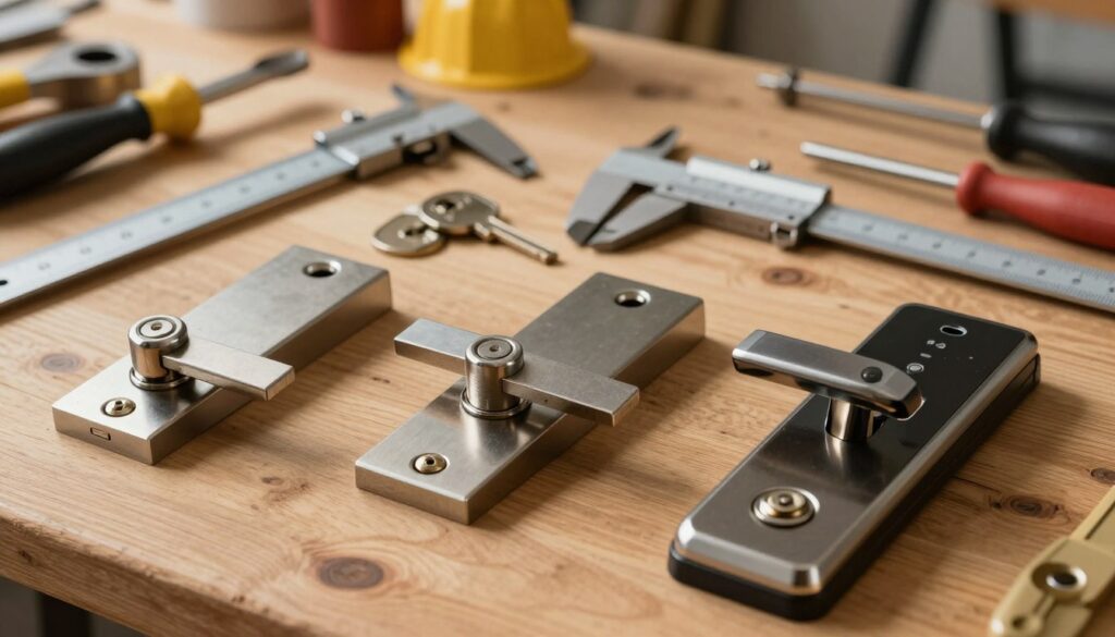 A detailed illustration of various types of mortise locks, arranged aesthetically on a wooden surface. In the foreground, feature three different lock designs: a standard mortise lock, a deadbolt mortise lock, and a smart mortise lock, displaying their unique characteristics and mechanisms. Each lock is shown with its key for added context. In the middle ground, include various adjustable measuring tools like calipers and rulers to emphasize the theme of measurement. The background features softly blurred workshop tools, creating an inviting atmosphere that suggests craftsmanship and attention to detail. Use warm, natural lighting to enhance the textures of the locks and wood, with a slight depth of field effect to focus on the locks in the foreground. A detailed illustration of various types of mortise locks, arranged aesthetically on a wooden surface. In the foreground, feature three different lock designs: a standard mortise lock, a deadbolt mortise lock, and a smart mortise lock, displaying their unique characteristics and mechanisms. Each lock is shown with its key for added context. In the middle ground, include various adjustable measuring tools like calipers and rulers to emphasize the theme of measurement. The background features softly blurred workshop tools, creating an inviting atmosphere that suggests craftsmanship and attention to detail. Use warm, natural lighting to enhance the textures of the locks and wood, with a slight depth of field effect to focus on the locks in the foreground.