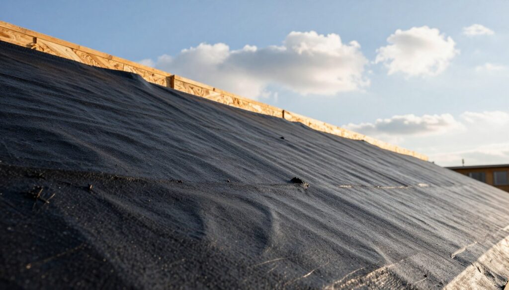 A detailed image depicting a section of a roof covered with "papa termozgrzewalna" (thermal-adhesive roofing felt). In the foreground, showcase the textured black surface of the felt, emphasizing its robustness and grip. In the middle ground, include a partially installed roof structure made of OSB boards, illustrating the contrast between the wood and the felt. In the background, a clear blue sky with soft white clouds adds depth and a sense of tranquility to the scene. The lighting is warm and inviting, suggesting a sunny day, highlighting the durability and functionality of the roofing material. The overall mood should convey confidence in this roofing solution, with no people or distractions. The focus is entirely on the roofing materials. A detailed image depicting a section of a roof covered with "papa termozgrzewalna" (thermal-adhesive roofing felt). In the foreground, showcase the textured black surface of the felt, emphasizing its robustness and grip. In the middle ground, include a partially installed roof structure made of OSB boards, illustrating the contrast between the wood and the felt. In the background, a clear blue sky with soft white clouds adds depth and a sense of tranquility to the scene. The lighting is warm and inviting, suggesting a sunny day, highlighting the durability and functionality of the roofing material. The overall mood should convey confidence in this roofing solution, with no people or distractions. The focus is entirely on the roofing materials.