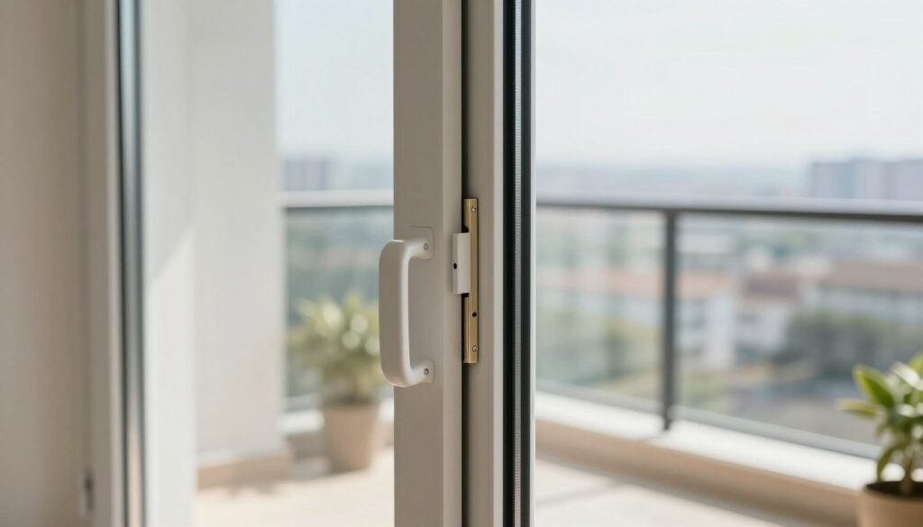 A detailed image of a balcony door showcasing optimal sealing. In the foreground, focus on the closed door with visible weather stripping and seals, highlighting any adjustments made to improve tightness. In the middle ground, depict the door frame, emphasizing its alignment and the absence of gaps. The background should include a sunlit balcony setting, with a cityscape visible through the glass, suggesting brightness and a welcoming atmosphere. Use soft, natural lighting to accentuate the transparency of the glass and the precision of the installation. Capture this image from a slight angle, emphasizing the door's functionality, while creating a sense of comfort and reliability in its design. The overall mood should be professional, portraying a well-maintained living space. A detailed image of a balcony door showcasing optimal sealing. In the foreground, focus on the closed door with visible weather stripping and seals, highlighting any adjustments made to improve tightness. In the middle ground, depict the door frame, emphasizing its alignment and the absence of gaps. The background should include a sunlit balcony setting, with a cityscape visible through the glass, suggesting brightness and a welcoming atmosphere. Use soft, natural lighting to accentuate the transparency of the glass and the precision of the installation. Capture this image from a slight angle, emphasizing the door's functionality, while creating a sense of comfort and reliability in its design. The overall mood should be professional, portraying a well-maintained living space.
