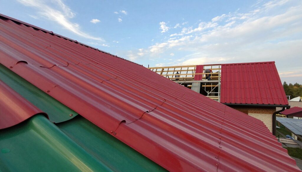 A detailed image of a "blachodachówka" roofing installation, showcasing its distinctive corrugated metal panels in vibrant hues of red and green. In the foreground, emphasize the intricate interlocking edges and fastenings that highlight durability and craftsmanship. The middle ground should feature a partially constructed roof, illustrating different stages of installation with visible scaffolding and workers in modest casual clothing, focused on their task. In the background, depict a clear blue sky with soft clouds, enhancing the serene atmosphere. Use warm lighting to create an inviting feel, and a slightly elevated angle to capture the full breadth of the roof structure. The overall mood should reflect practicality and aesthetic appeal, emphasizing the integration of metal roofing into a traditional building setting. A detailed image of a "blachodachówka" roofing installation, showcasing its distinctive corrugated metal panels in vibrant hues of red and green. In the foreground, emphasize the intricate interlocking edges and fastenings that highlight durability and craftsmanship. The middle ground should feature a partially constructed roof, illustrating different stages of installation with visible scaffolding and workers in modest casual clothing, focused on their task. In the background, depict a clear blue sky with soft clouds, enhancing the serene atmosphere. Use warm lighting to create an inviting feel, and a slightly elevated angle to capture the full breadth of the roof structure. The overall mood should reflect practicality and aesthetic appeal, emphasizing the integration of metal roofing into a traditional building setting.
