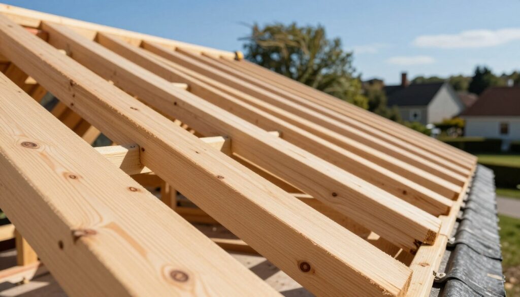 A detailed scene depicting a close-up view of wooden roof battens, or "łat," correctly installed on a house under a clear blue sky. The foreground features freshly cut battens, showcasing their texture and grain in natural light, with visible knots and imperfections that highlight craftsmanship. In the middle ground, a partially completed roof structure is visible, demonstrating an organized and precise alignment of the battens with clear spacing for roofing materials. The background offers a blurred view of a typical neighborhood, with trees gently swaying in the breeze, conveying a serene atmosphere. The lighting is bright and evenly distributed, creating soft shadows that enhance the details of the wood. The scene captures a professional and informative mood, suitable for illustrating best practices in roof construction.