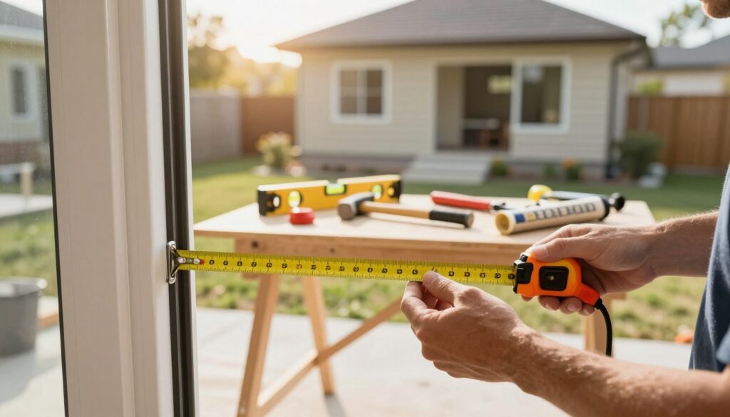 A detailed scene illustrating the concept of "costs of installing external doors." In the foreground, a pair of sturdy hands holding a tape measure against a newly fitted door frame, showcasing precision and care in the installation process. In the middle ground, a neatly organized workstation is visible, with various tools such as a level, hammer, and caulking gun arranged systematically, emphasizing the DIY aspect of installation. The background features an outdoor setting with a partially constructed house, bathed in warm, natural light of an afternoon sun, creating an inviting and industrious atmosphere. The composition captures a professional yet approachable vibe, aimed at conveying the practical and financial considerations of self-installation, without any text or distractions.