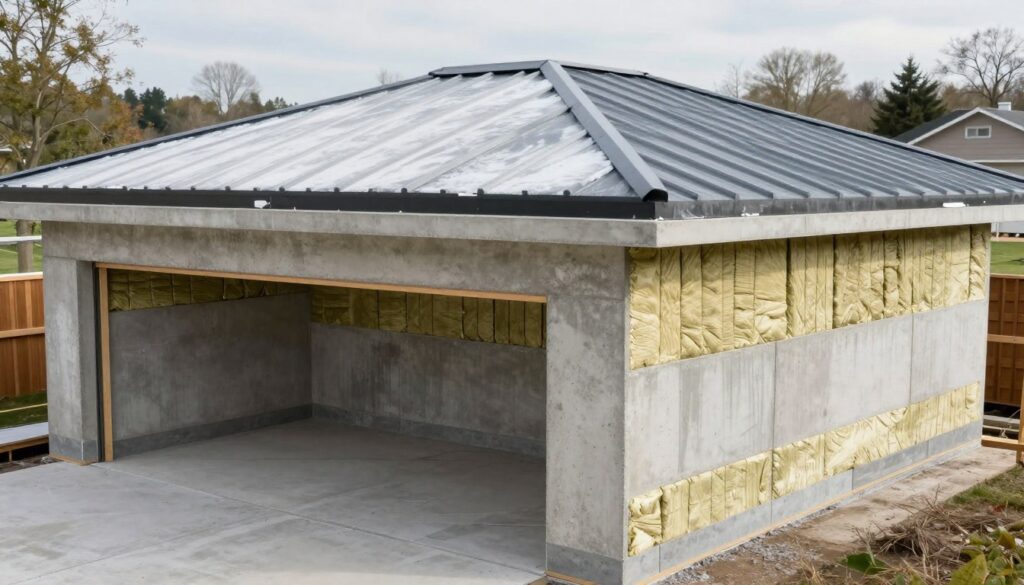A detailed scene of a garage constructed from concrete slabs, showcasing effective thermal insulation and moisture protection techniques. In the foreground, display the garage walls with visible insulation layers and moisture barriers, highlighting their textures and materials. The middle ground features a partially completed roof, demonstrating design features for wind and snow resistance, such as angled slopes and reinforced edges. In the background, a serene outdoor environment contrasts with the sturdy garage structure, suggesting reliability and resilience. The lighting is bright and even, simulating daylight to enhance the focus on the construction materials, while a slightly elevated angle captures both the structure and surrounding landscape. Aim for a professional and informative atmosphere, emphasizing durability and functionality. A detailed scene of a garage constructed from concrete slabs, showcasing effective thermal insulation and moisture protection techniques. In the foreground, display the garage walls with visible insulation layers and moisture barriers, highlighting their textures and materials. The middle ground features a partially completed roof, demonstrating design features for wind and snow resistance, such as angled slopes and reinforced edges. In the background, a serene outdoor environment contrasts with the sturdy garage structure, suggesting reliability and resilience. The lighting is bright and even, simulating daylight to enhance the focus on the construction materials, while a slightly elevated angle captures both the structure and surrounding landscape. Aim for a professional and informative atmosphere, emphasizing durability and functionality.