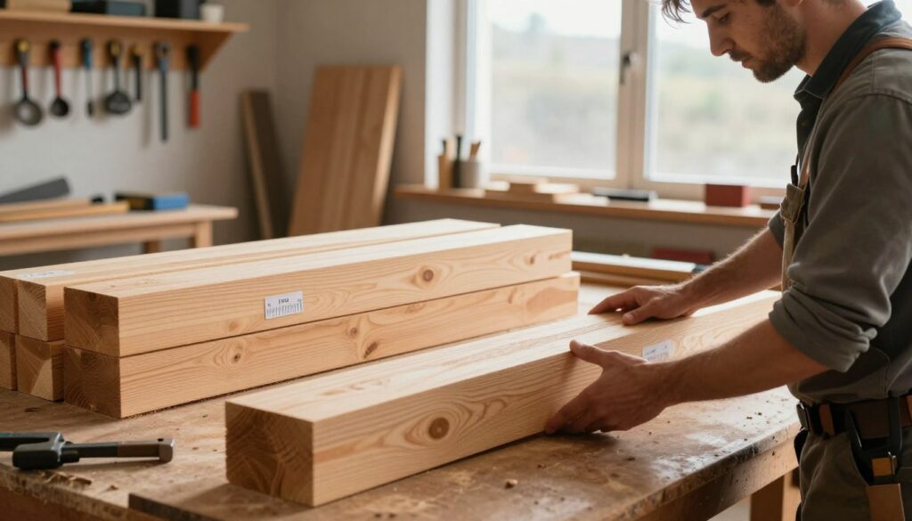 A detailed scene showcasing the selection of timber for roof trusses, featuring a workbench laden with various types of wood. In the foreground, a carpenter in modest casual clothing examines a piece of sturdy, well-finished timber, highlighting its grain and texture under soft, natural light. In the mid-ground, several stacked wooden beams are visible, with labels indicating their measurements and types. The background displays a workshop with tools neatly arranged on a wall, casting shadows that add depth to the scene. Sunlight streams through a large window, creating a warm and inviting atmosphere, emphasizing the craftsmanship involved in selecting the right materials for trusses. The composition is balanced and professional, focusing on the importance of material choice in construction.