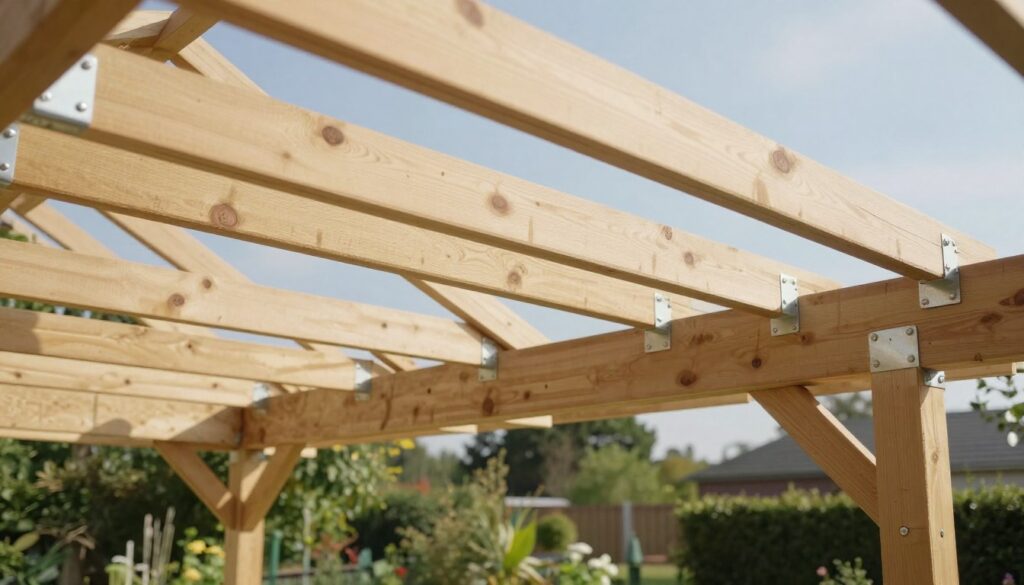 A detailed view of a sturdy roof truss assembly for a garden gazebo. In the foreground, showcase a series of wooden beams interconnected with metal brackets, demonstrating proper reinforcement techniques. The middle section highlights the angular structure of the trusses, with visible diagonal supports, ensuring stability. In the background, a softly blurred scene of a garden with greenery and a clear blue sky creates a serene atmosphere. The image is lit with natural sunlight, casting gentle shadows that emphasize the wood's texture. Use a wide-angle lens to capture the entirety of the roof truss structure from an elevated perspective, conveying a sense of strength and craftsmanship in the construction process. A detailed view of a sturdy roof truss assembly for a garden gazebo. In the foreground, showcase a series of wooden beams interconnected with metal brackets, demonstrating proper reinforcement techniques. The middle section highlights the angular structure of the trusses, with visible diagonal supports, ensuring stability. In the background, a softly blurred scene of a garden with greenery and a clear blue sky creates a serene atmosphere. The image is lit with natural sunlight, casting gentle shadows that emphasize the wood's texture. Use a wide-angle lens to capture the entirety of the roof truss structure from an elevated perspective, conveying a sense of strength and craftsmanship in the construction process.